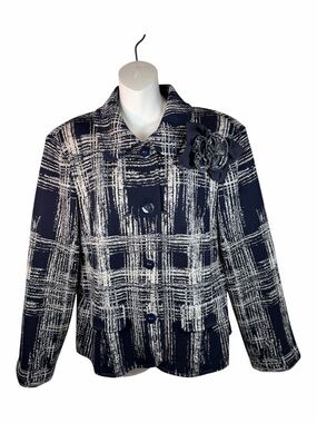 St. John Navy White Abstract Print Knit Blazer Jacket Flower Brooch 16 Classic